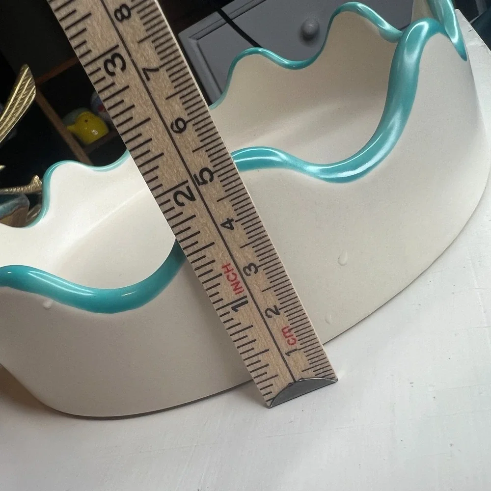 Anthropologie Scalloped Ceramic Catchall Tray White Aqua Blue Tray Round Scallop